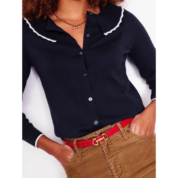 BODEN Frill Collared Wool Blend Cardigan Sweater Navy Blue White Preppy X-Small - Picture 5 of 16